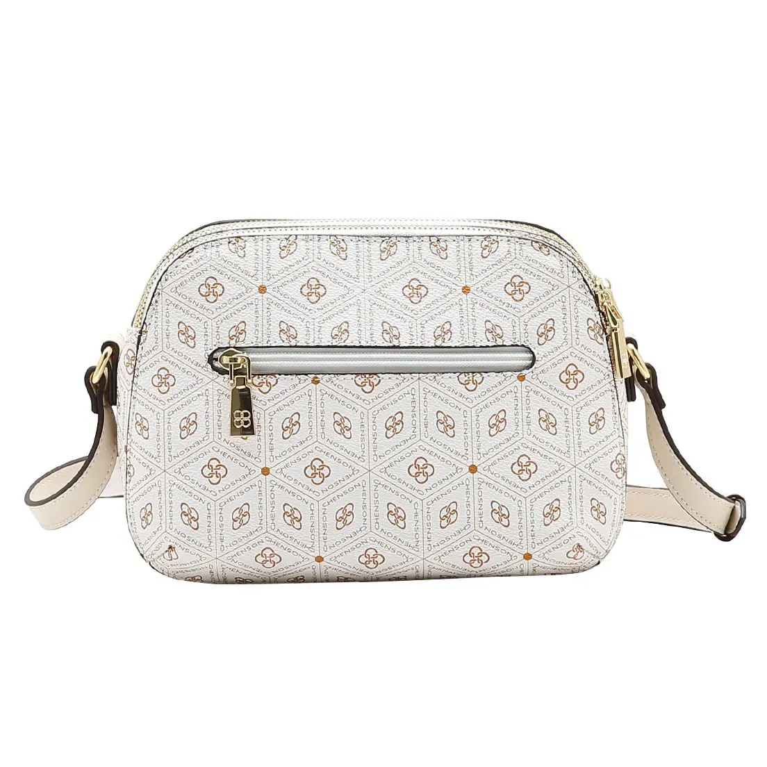 Vista traseira da bolsa transversal Chenson off white mostrando bolso externo com zíper dourado.